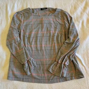 Nine West plus size ruffle cuff plaid blouse